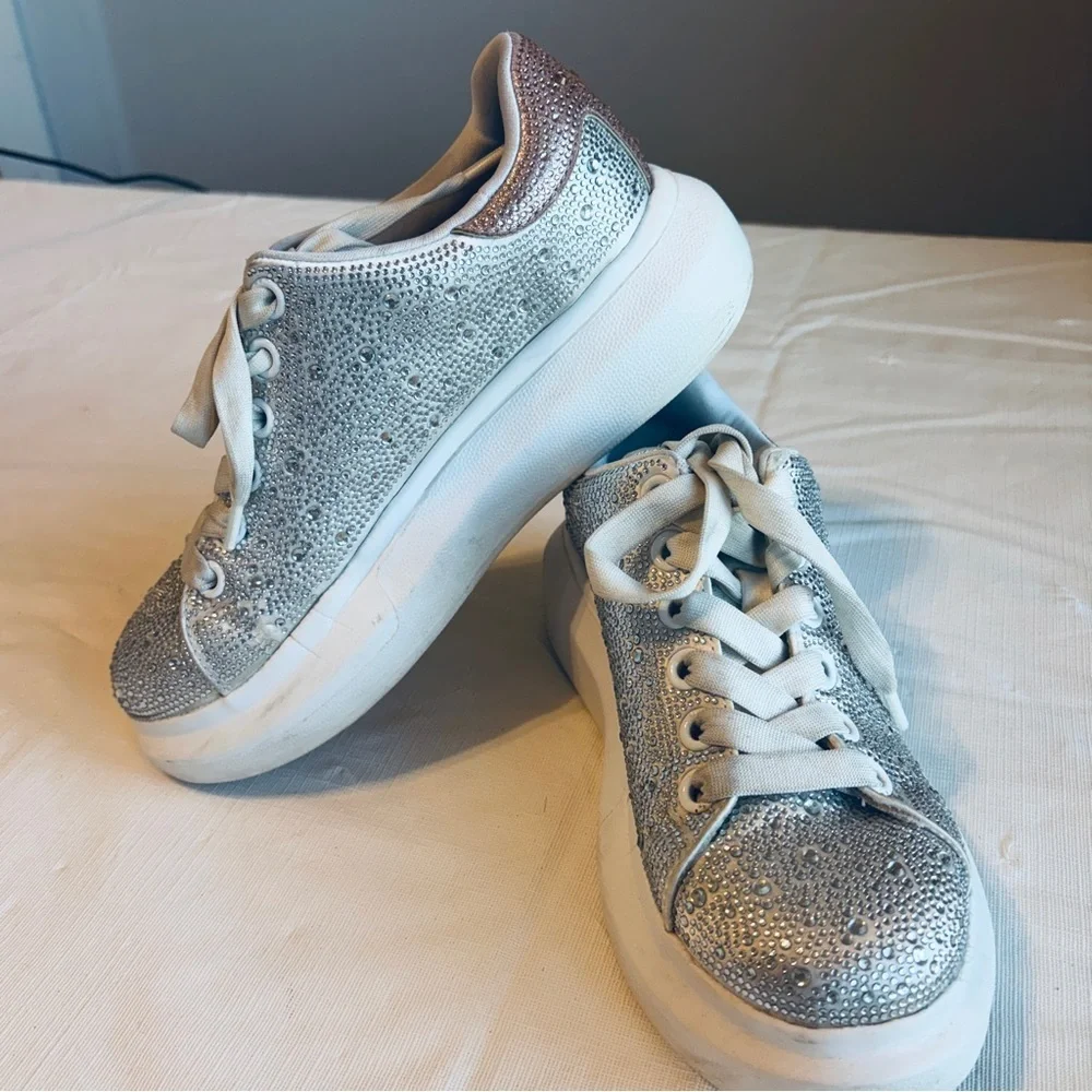 Silver Crystal Embellished Platform Sneakers